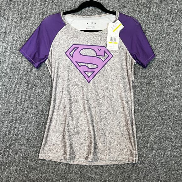 Under Armour Shirt Womens Medium Gray Superman Superwoman Compression Fitted NEW - Picture 2 of 8